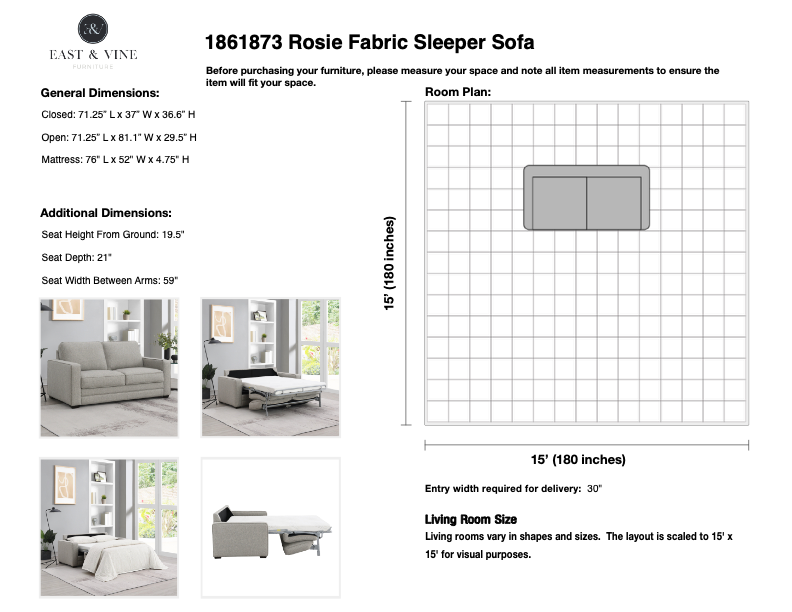 Dimension and space-planning diagram for the Rosie sleeper sofa, showing closed, open, and mattress measurements plus a scaled room layout