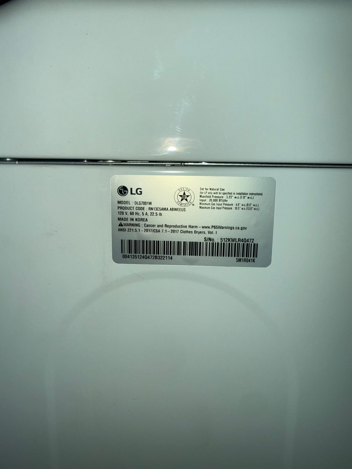 LG DLG7001W 7.3 cu ft Gas Dryer