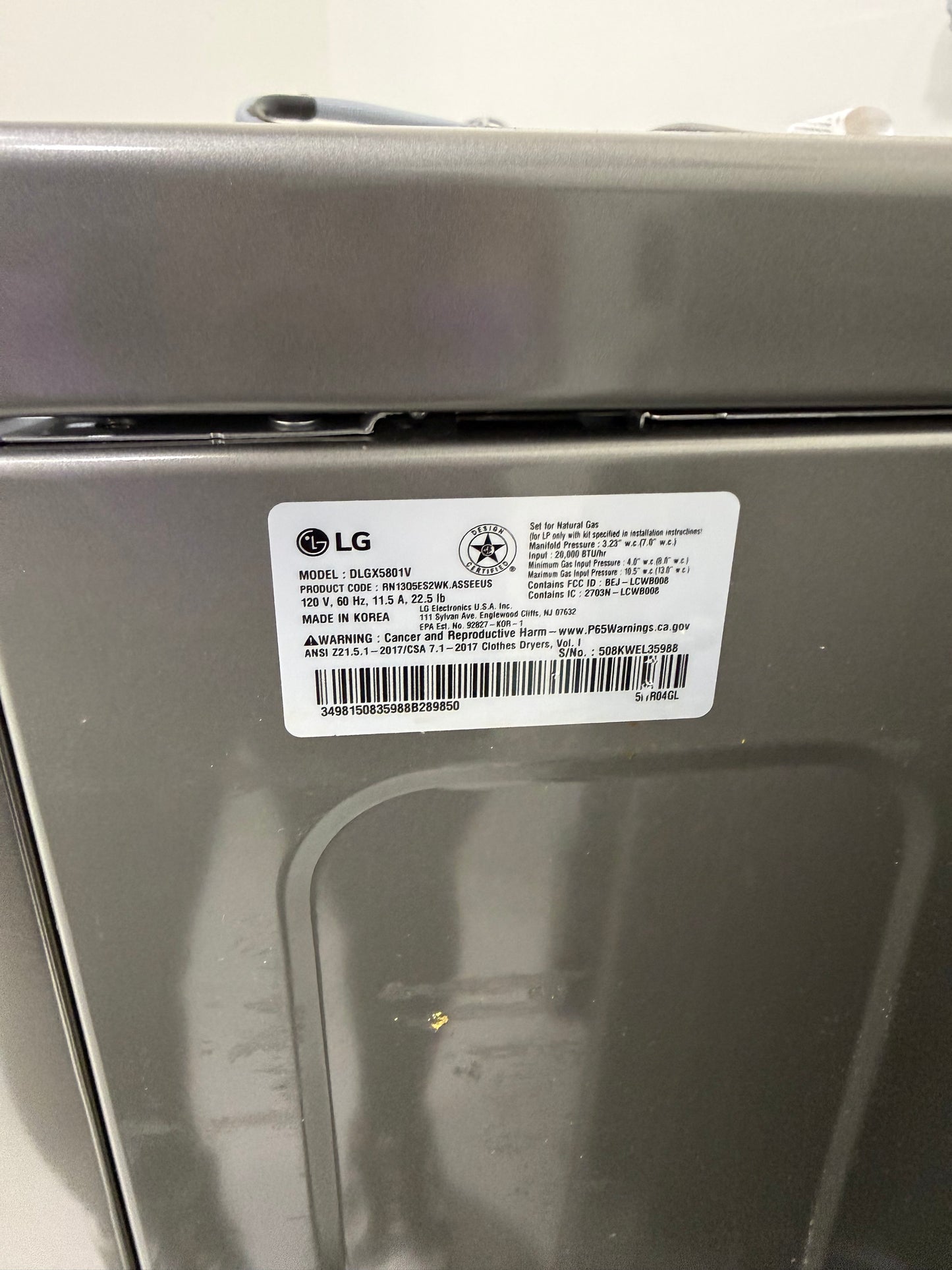 LG DLGX5801V 7.4 cu ft Gas Dryer