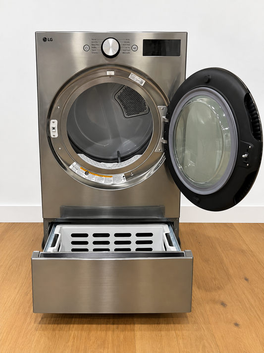 Actual unit: LG DLEX5800V electric dryer with door open showing the drum and the pedestal drawer pulled out