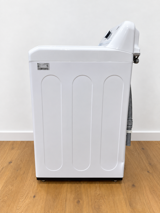 LG WT7005CW side view showing model label and water hoses