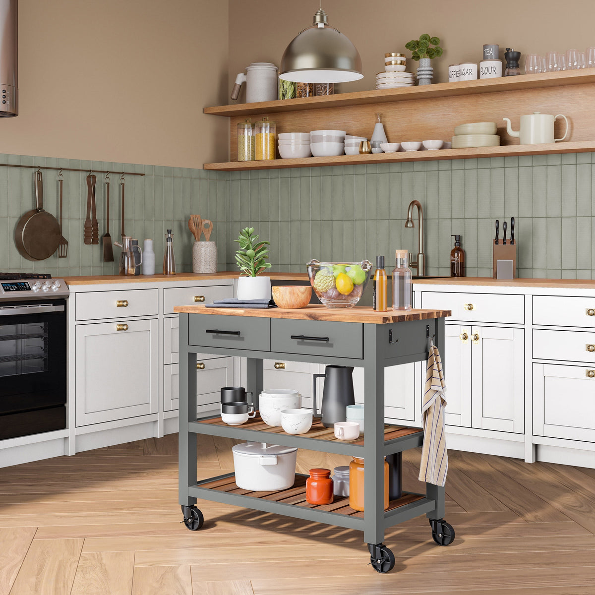 Seville kitchen cart shown in a kitchen setting holding dishes, bowls, and a plant