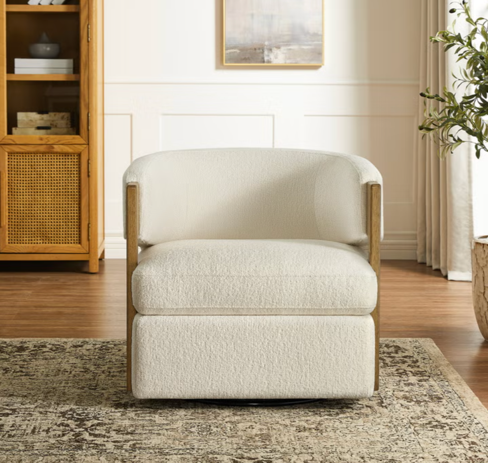 Henredon Wynn Fabric Swivel Chair with Wood Arms | New in Box