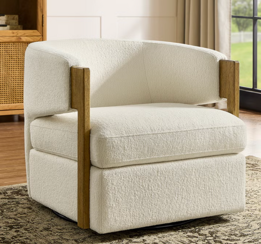 Henredon Wynn Fabric Swivel Chair with Wood Arms | New in Box