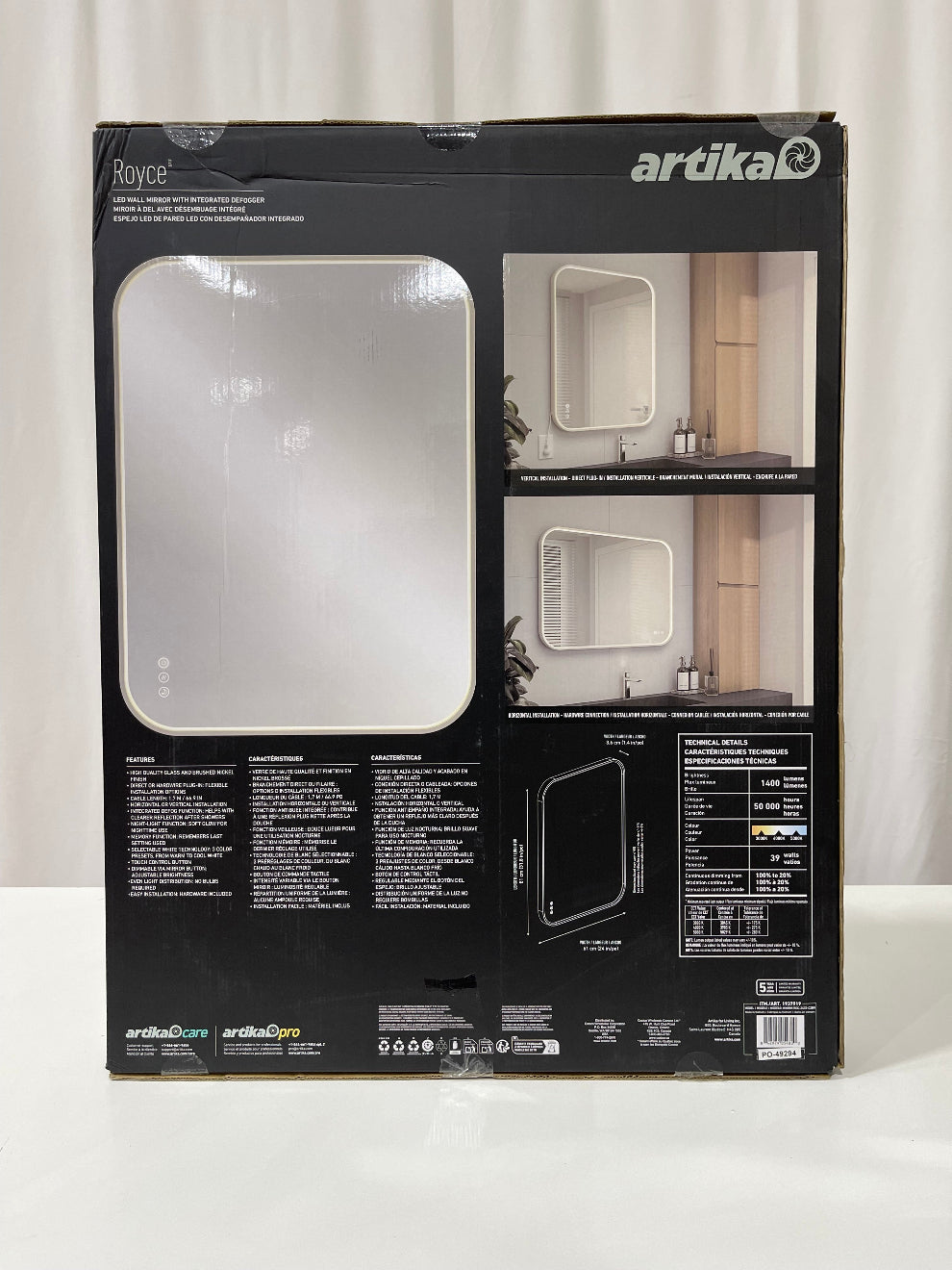 The back of the Artika Royce 30x30 cm LED vanity mirror box, showing the brand name, product specifications, and a large reflective mirror window on a black cardboard package.