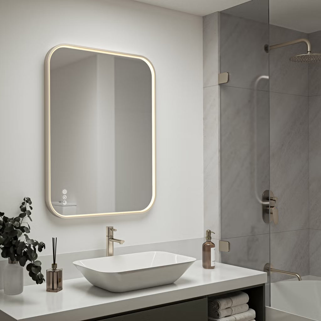 Modern bathroom with a sink, mirror, and shower area.