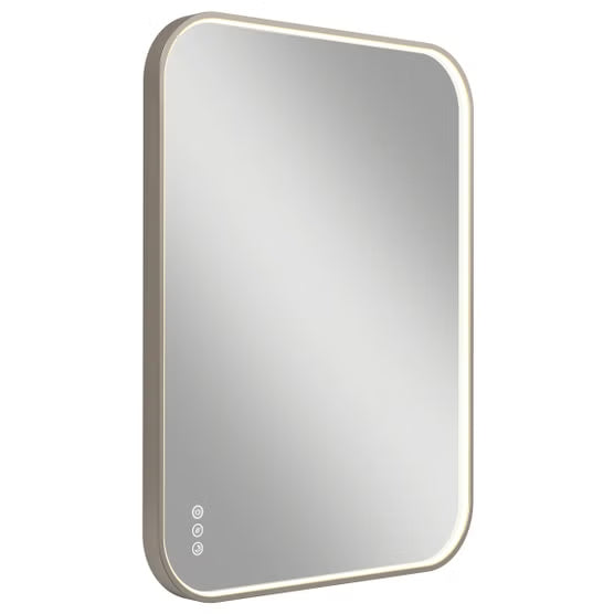 A rectangular wall mirror with rounded corners and a slim metallic frame, shown against a plain white background.
