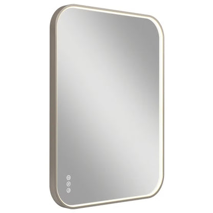 A rectangular wall mirror with rounded corners and a slim metallic frame, shown against a plain white background.