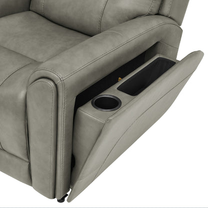 Close-up of the Barcalounger Hollis hidden arm storage with built-in cupholder