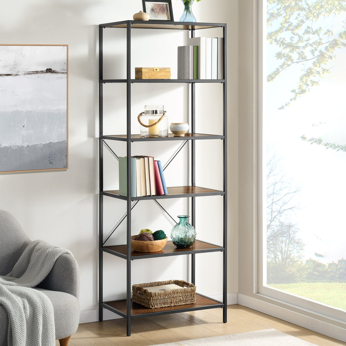 Bayside Furnishings Pierson 76 inch bookcase with black steel frame and brown acacia veneer shelves styled in a living room
