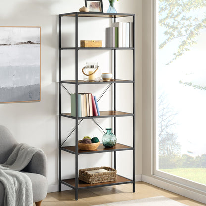 Bayside Furnishings Pierson 76 inch bookcase with black steel frame and brown acacia veneer shelves styled in a living room