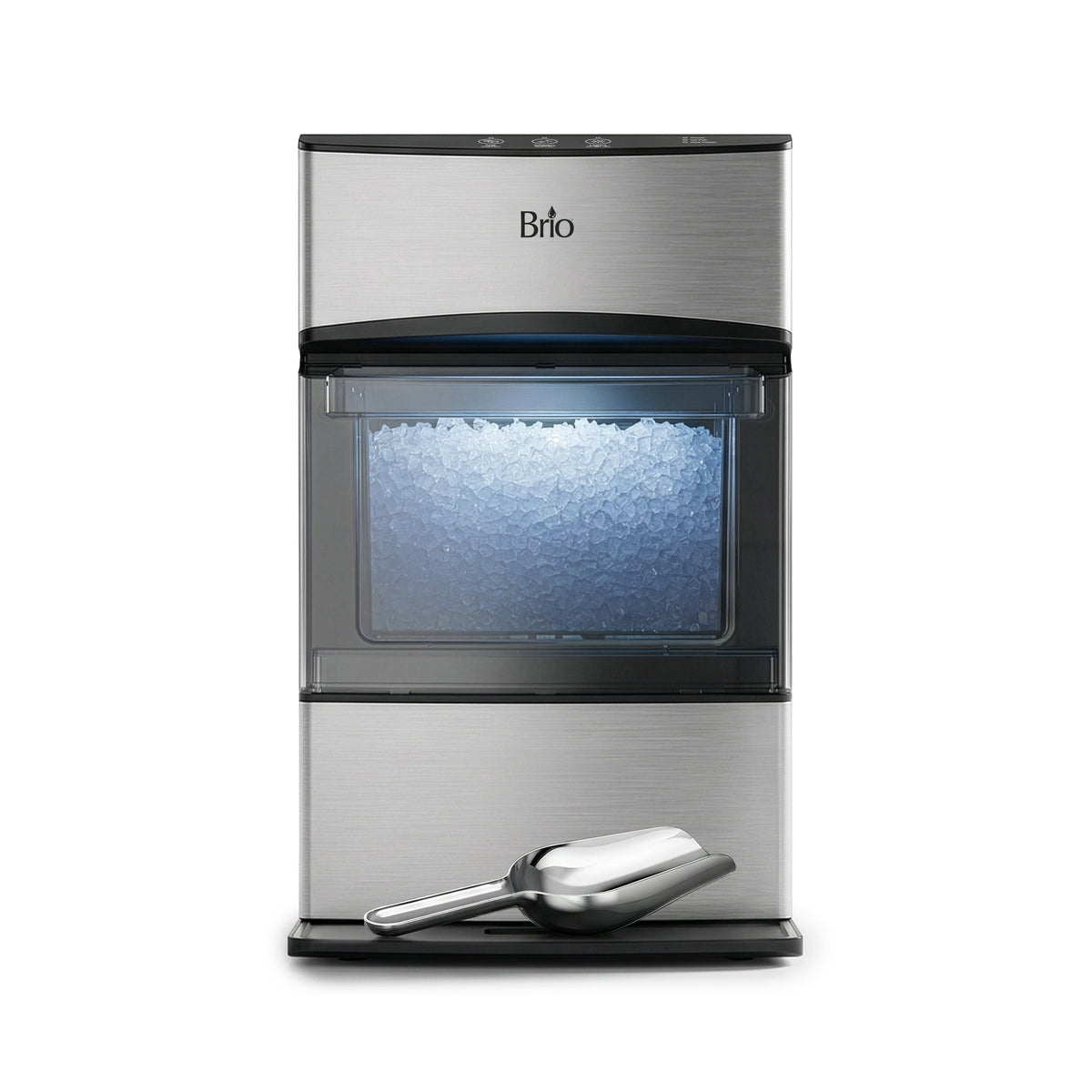 Brio 740i countertop nugget ice maker, front studio shot, filled with ice and stainless steel scoop resting on the tray