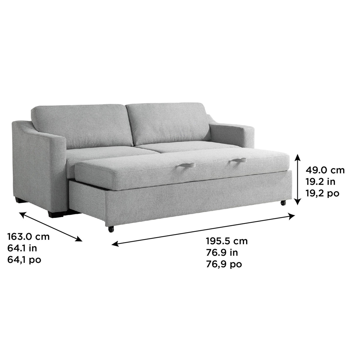 Coddle Aspen Convertible Sleeper Sofa pulled out as queen bed with dimensions