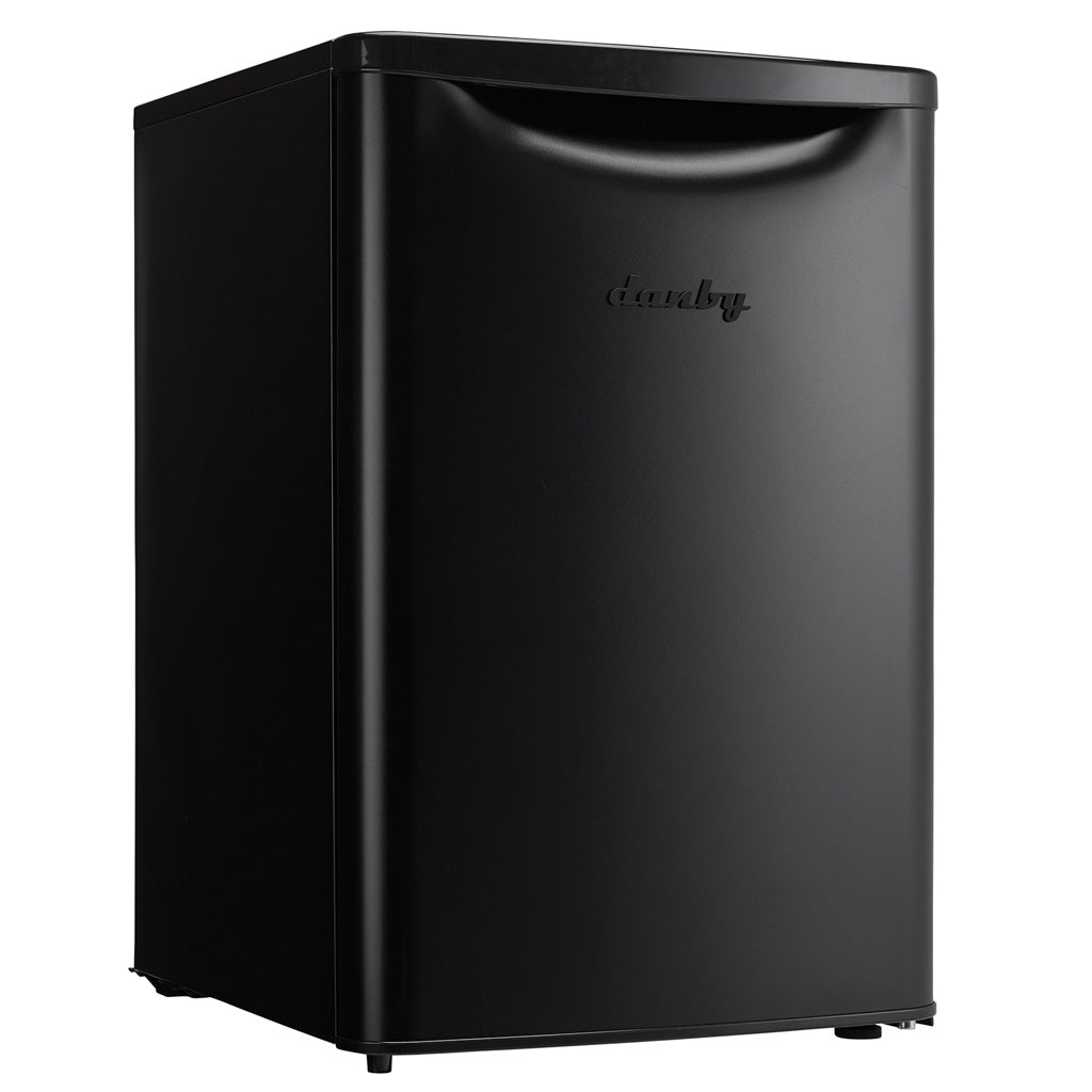 Danby DAR026A2BDB compact refrigerator in matte black, closed door, three-quarter angle view