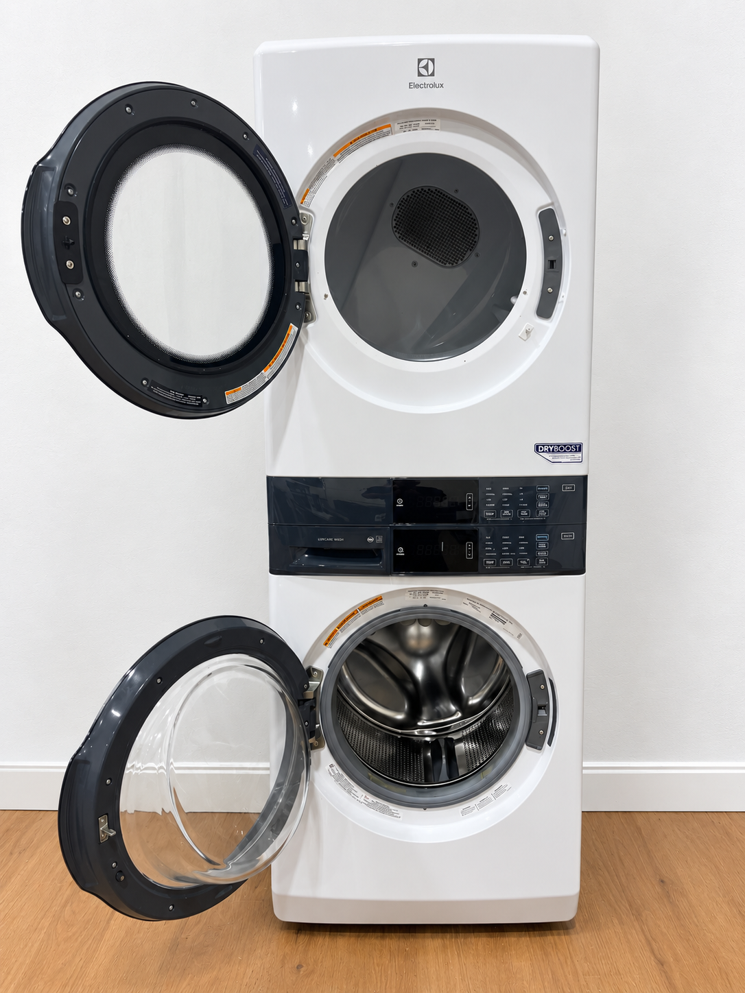 Electrolux/Frigidaire ELTE7300AW Laundry Tower with both dryer and washer doors open showing empty drums