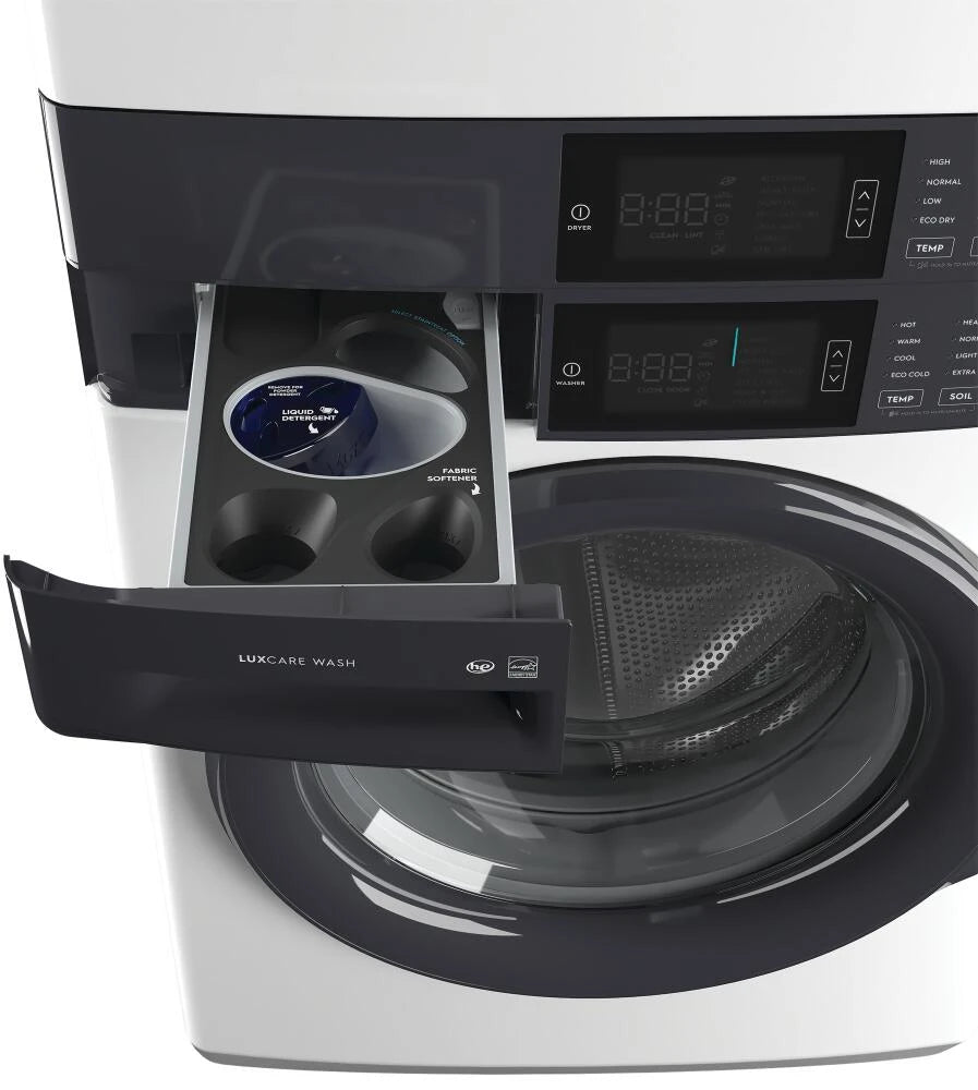 Electrolux/Frigidaire ELTE7300AW Laundry Tower control panel and detergent dispenser drawer, close-up