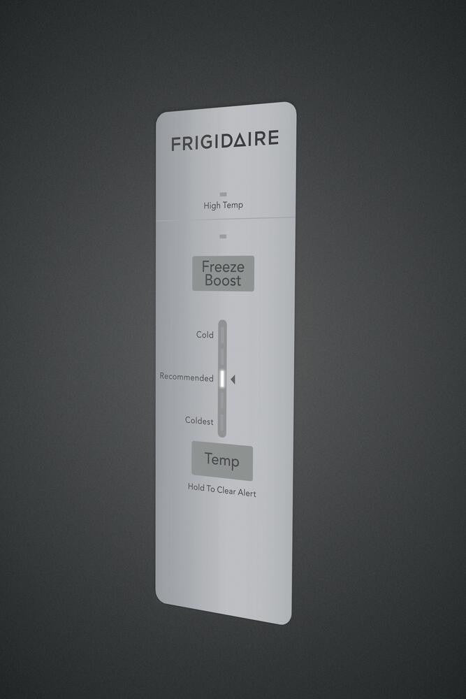 Close-up of the Frigidaire control panel showing Freeze Boost and temperature slider controls