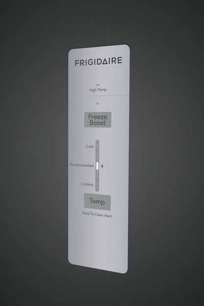 Close-up of the Frigidaire control panel showing Freeze Boost and temperature slider controls