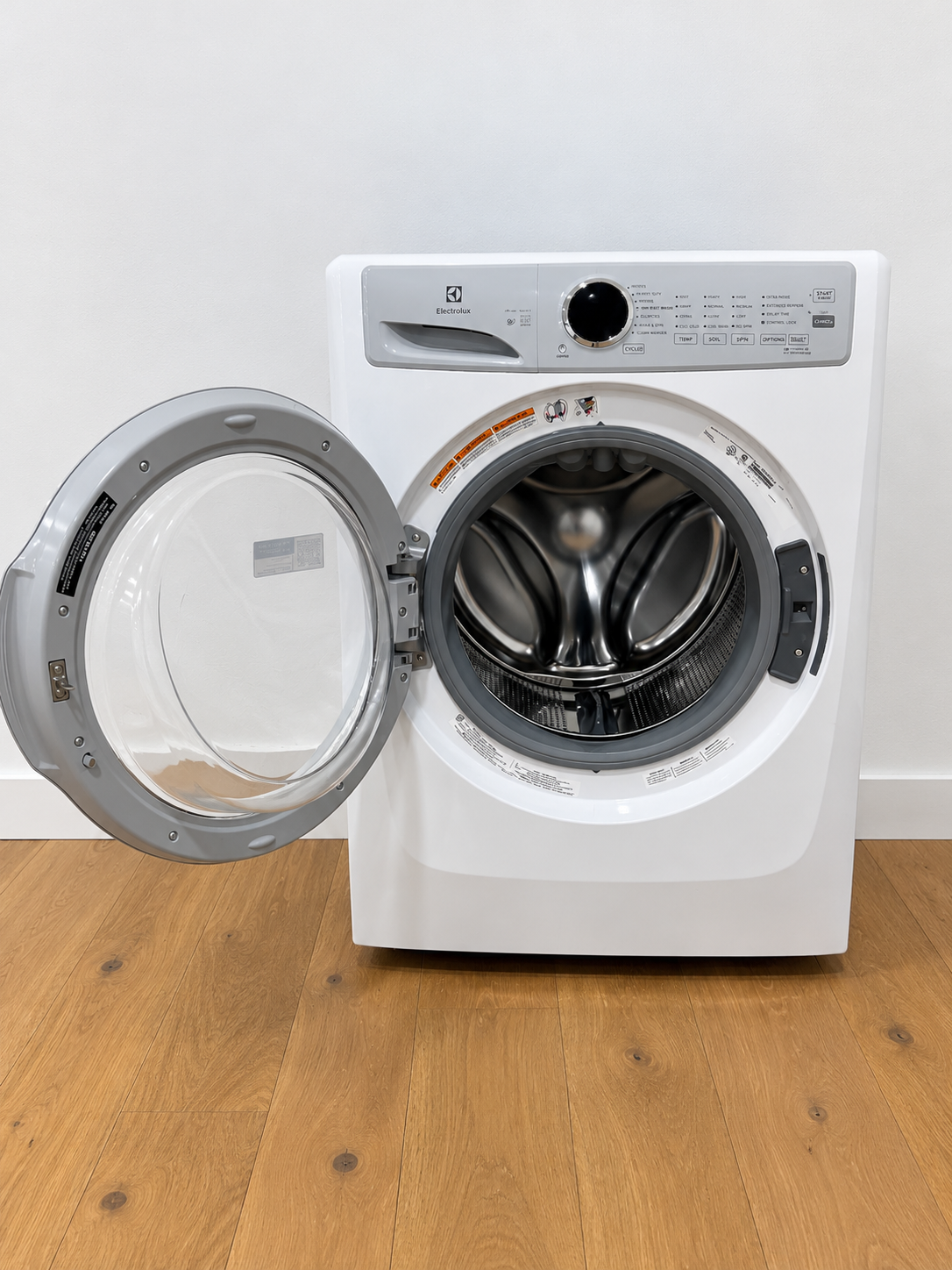 Washer front view with door open showing the drum interior