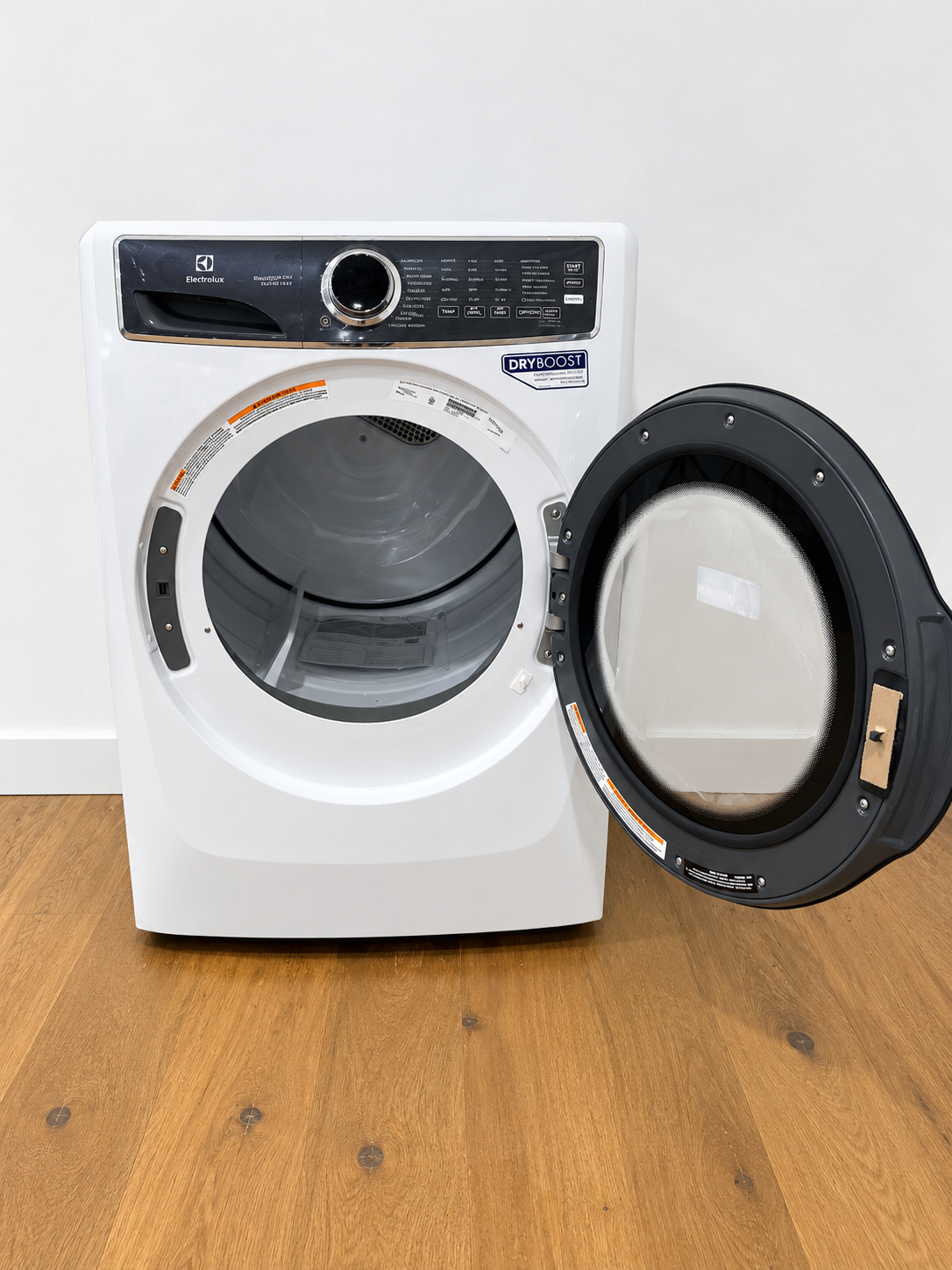 Frigidaire ELFE7626BW front view with door open showing lint trap