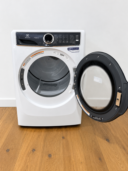 Frigidaire ELFE7626BW front view with door open showing lint trap