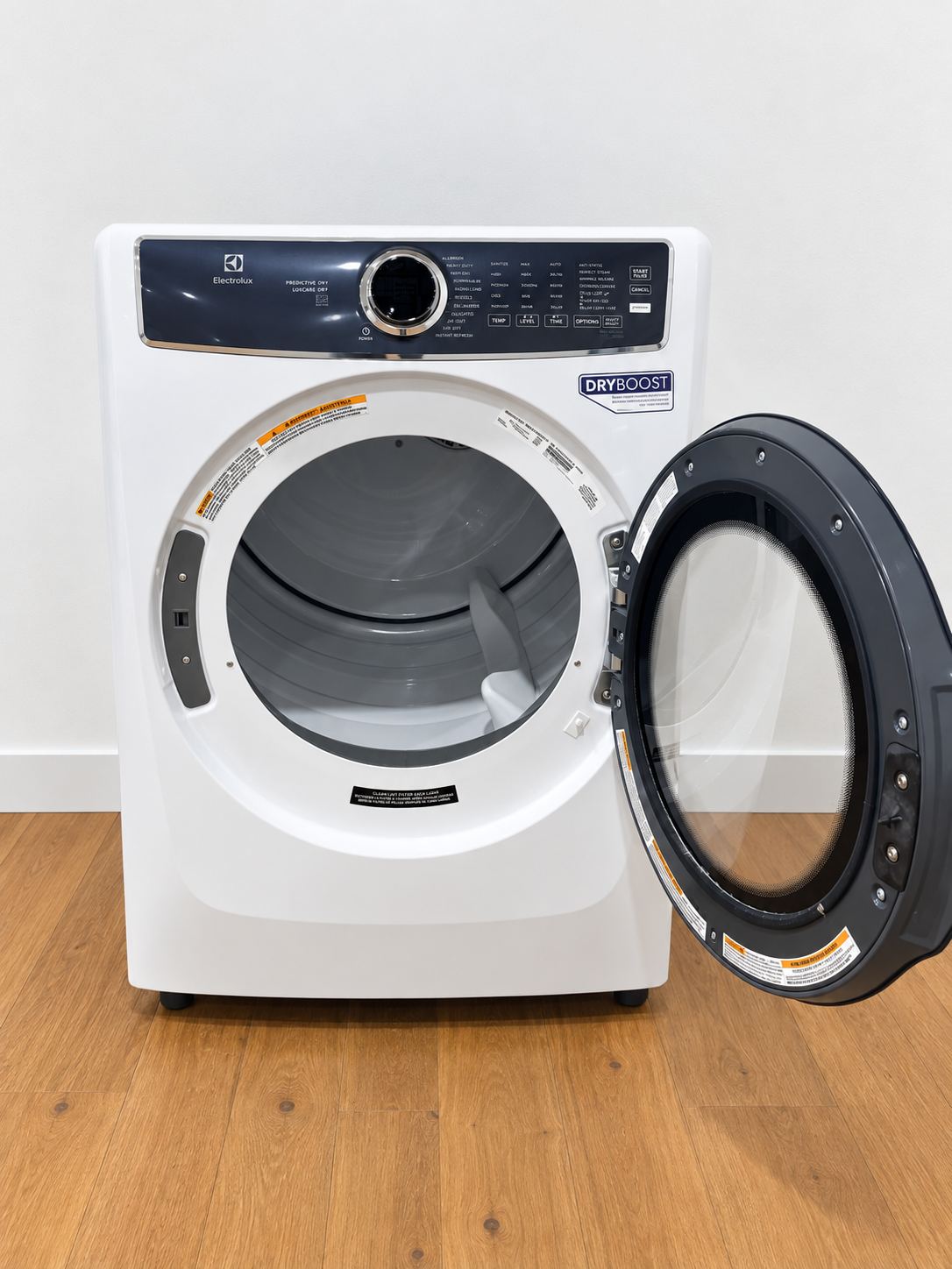 Frigidaire ELFG7626BW front view with door open showing drum
