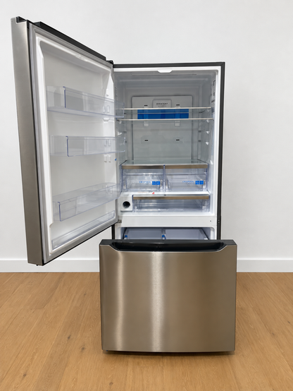 Actual unit with door open showing empty interior, adjustable shelves, CrispSeal Fresh drawers, and EvenTemp panel