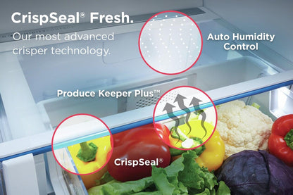 Close-up of the CrispSeal Fresh crisper drawer with produce, highlighting Auto Humidity Control and Produce Keeper Plus features