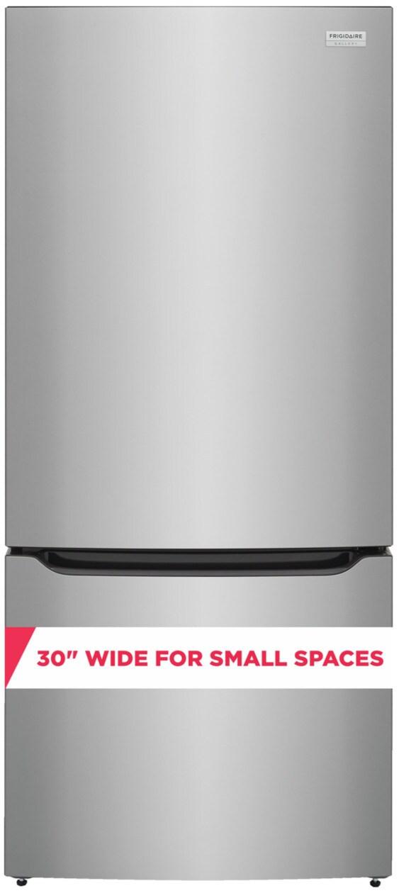 Frigidaire Gallery GRBN2012AF bottom freezer refrigerator, front studio shot, closed doors, with 30 inch wide for small spaces badge