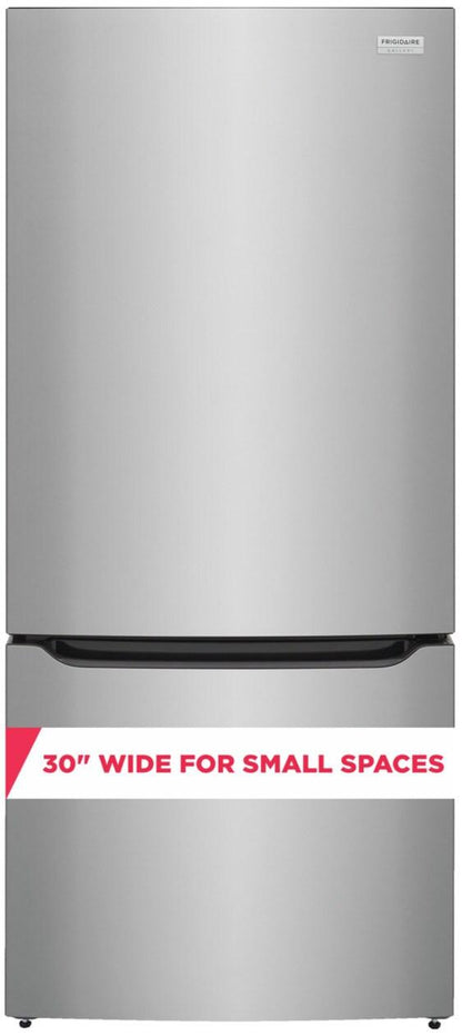 Frigidaire Gallery GRBN2012AF bottom freezer refrigerator, front studio shot, closed doors, with 30 inch wide for small spaces badge