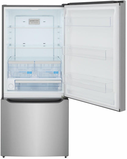 Refrigerator with door open showing empty adjustable glass shelves, door bins, EvenTemp panel, and CrispSeal Fresh crisper drawers