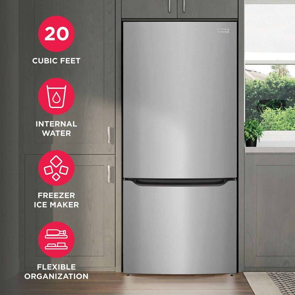 Refrigerator installed in a modern kitchen between gray cabinetry, with feature callouts for 20 cubic feet, internal water, freezer ice maker, and flexible organization