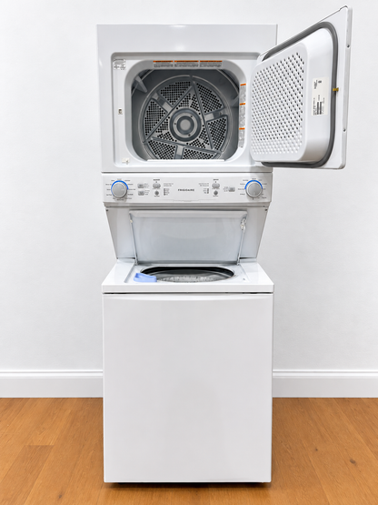 Frigidaire FLCE7522AW Electric Laundry Center with dryer door and washer lid open showing empty drums