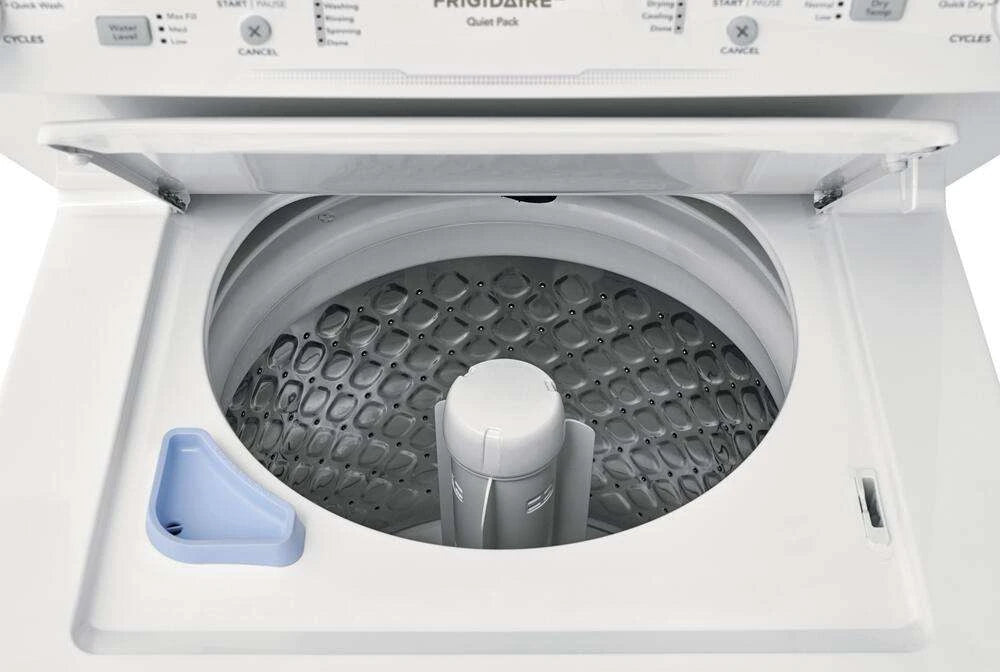 Frigidaire FLCE7522AW Electric Laundry Center white, top-load washer lid open