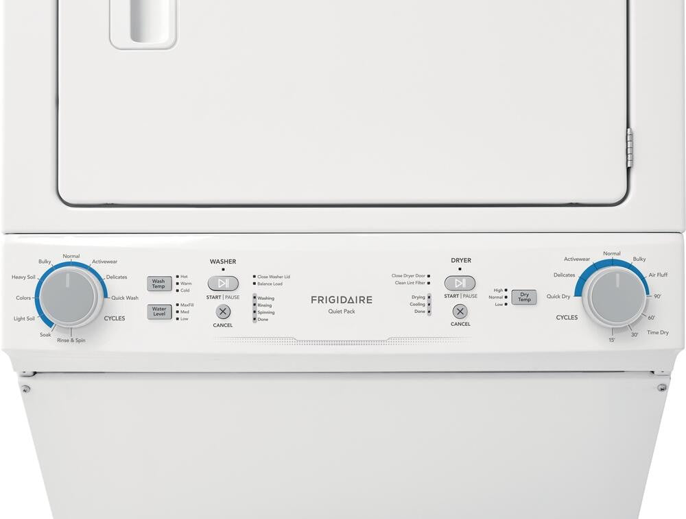 Frigidaire FLCE7522AW Electric Laundry Center control panel with dial controls, close-up