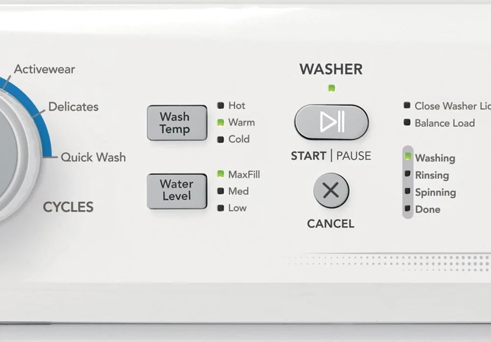 Frigidaire FLCE7522AW Electric Laundry Center washer control buttons, close-up