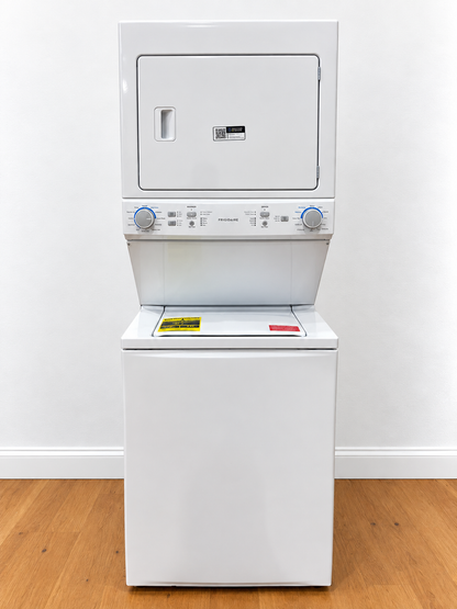 Frigidaire FLCE7522AW Electric Laundry Center White front view, dryer on top and washer on bottom