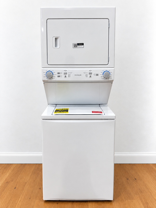 Frigidaire FLCE7522AW Electric Laundry Center White front view, dryer on top and washer on bottom