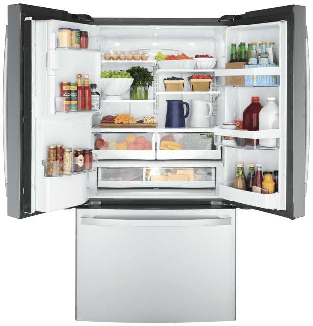 Refrigerator with doors open, fully stocked with produce, dairy, and pantry items on every shelf and drawer
