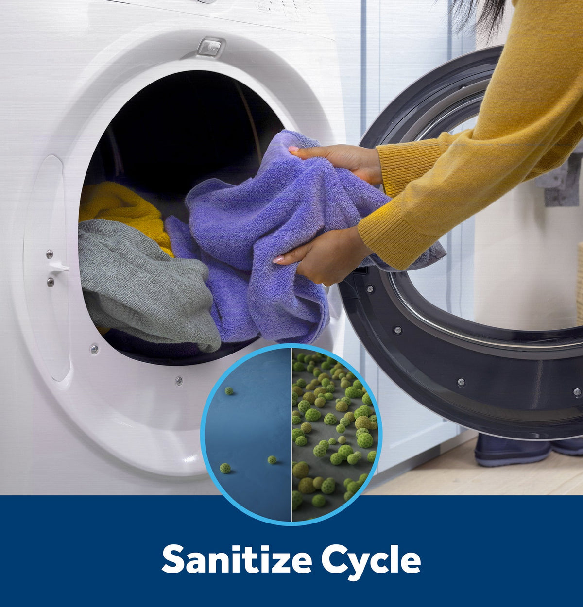 Person loading laundry into the dryer, illustrating the Sanitize Cycle feature