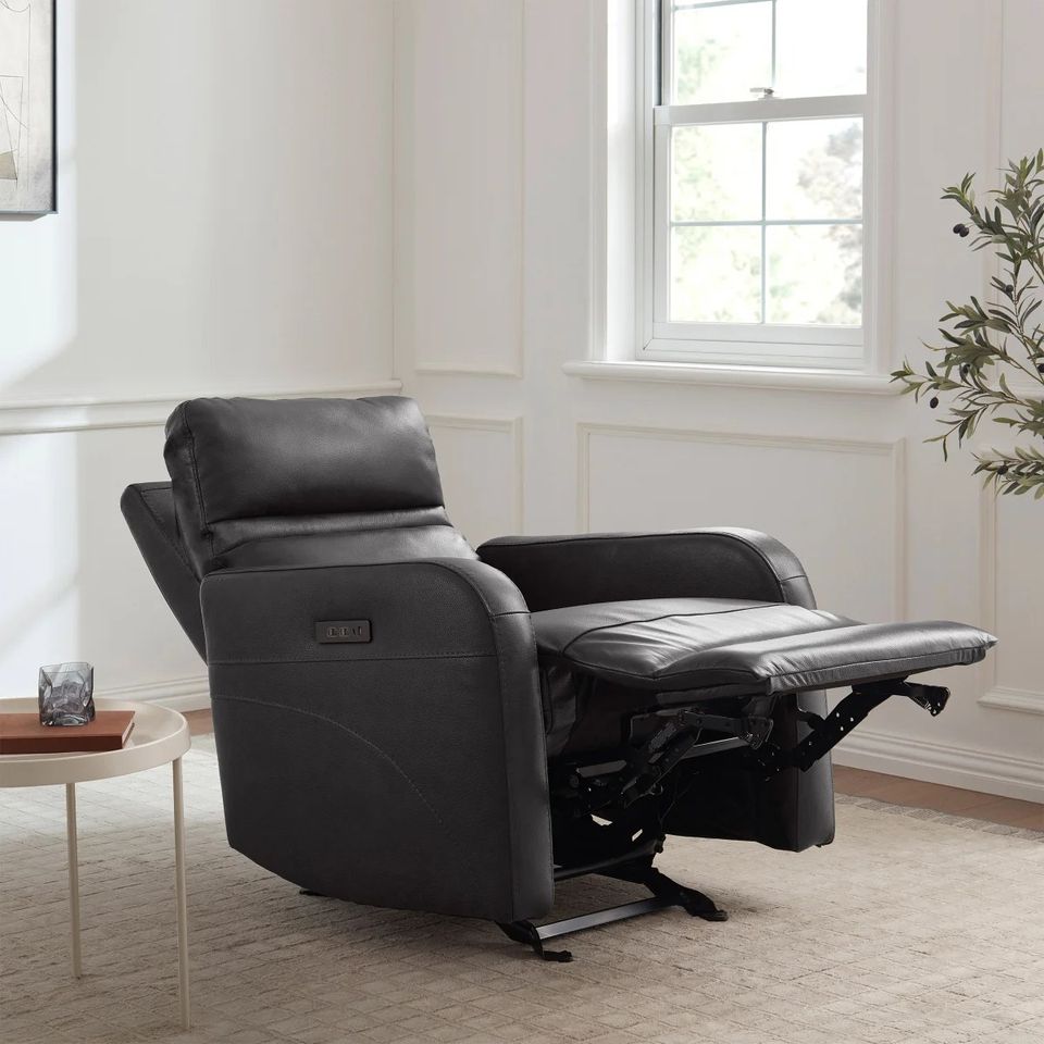 Gilman Creek Aldryn Leather Power Recliner reclined with footrest extended