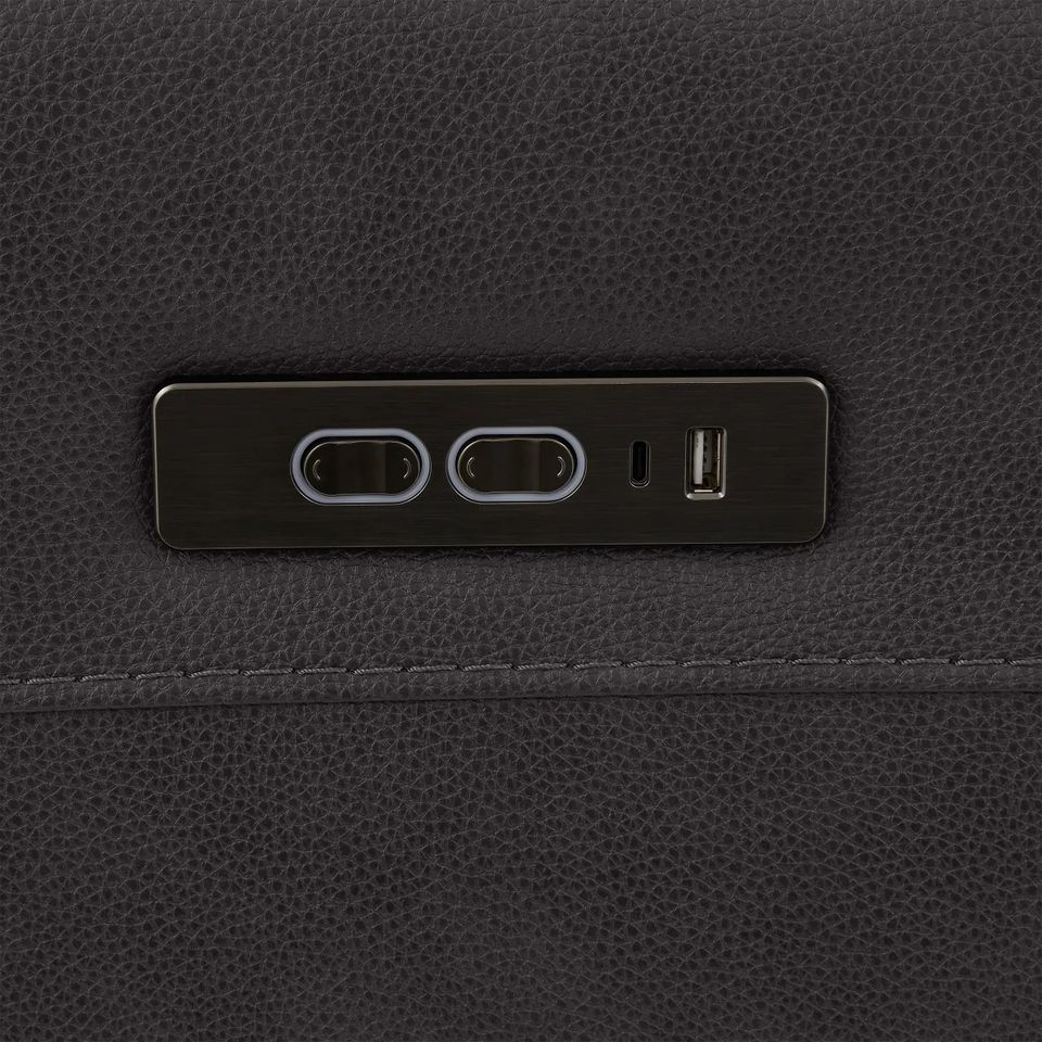 Gilman Creek Aldryn Leather Power Recliner control switch with USB-A and USB-C ports, close-up