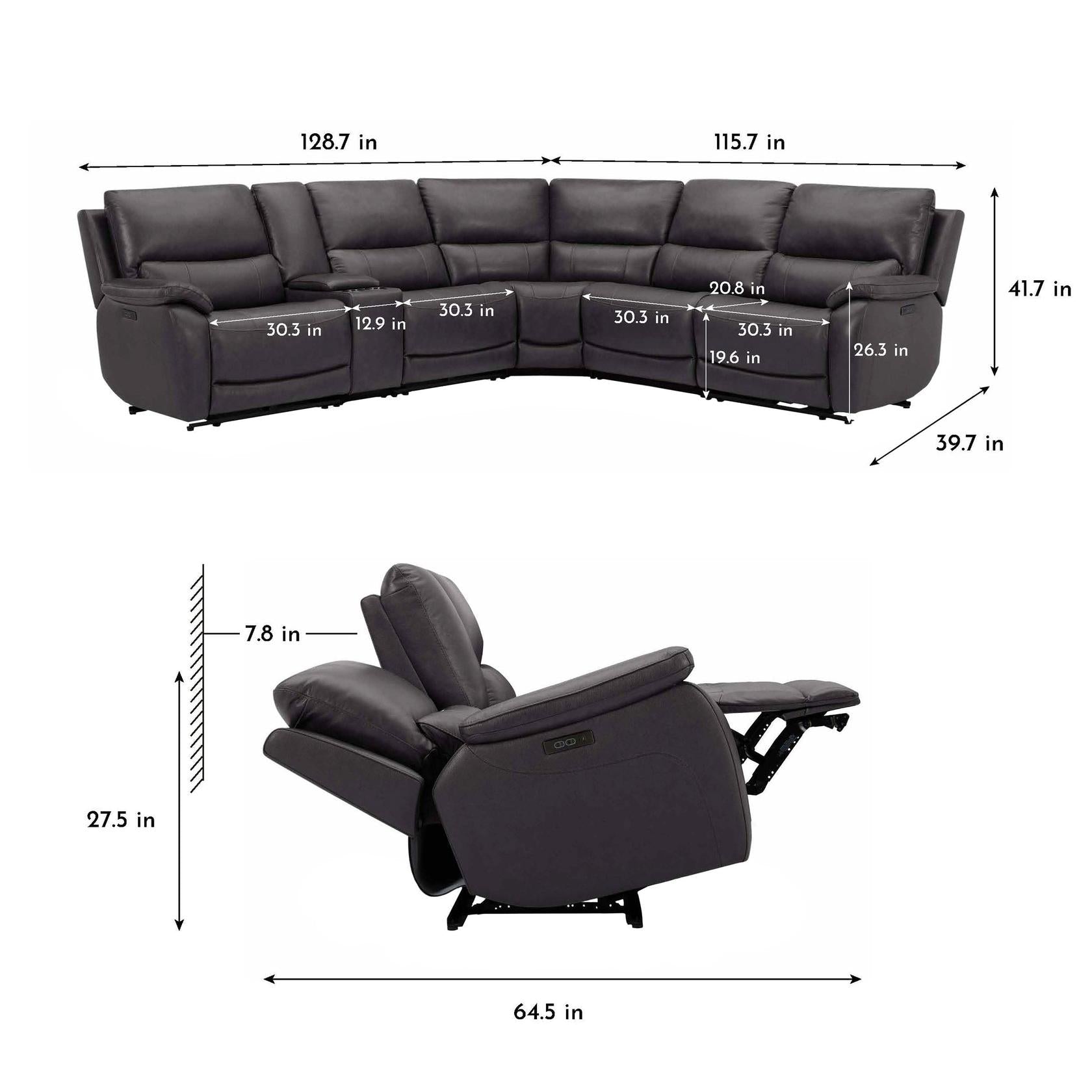 Dimension diagram of the Wylder sectional showing seat widths, overall length and depth, height, and recliner extension