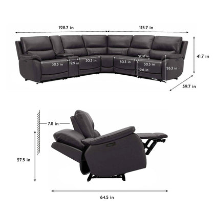 Dimension diagram of the Wylder sectional showing seat widths, overall length and depth, height, and recliner extension