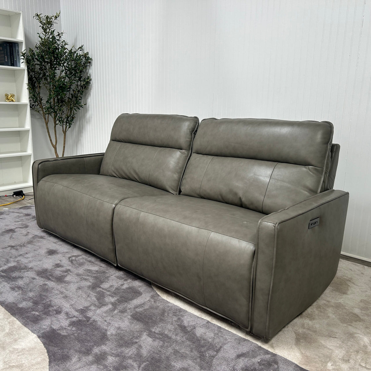 Henredon Keira Leather Power Reclining Sofa in Gray, angled front view
