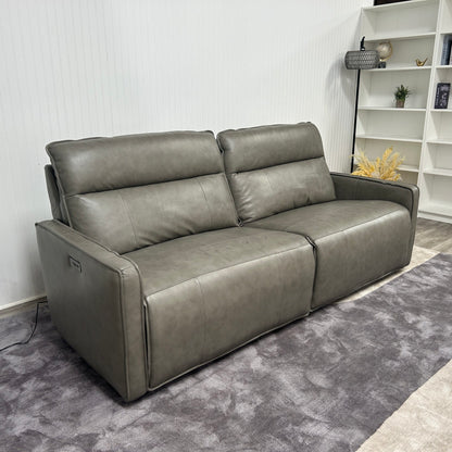 Henredon Keira Leather Power Reclining Sofa in Gray, angled view with power control panel visible