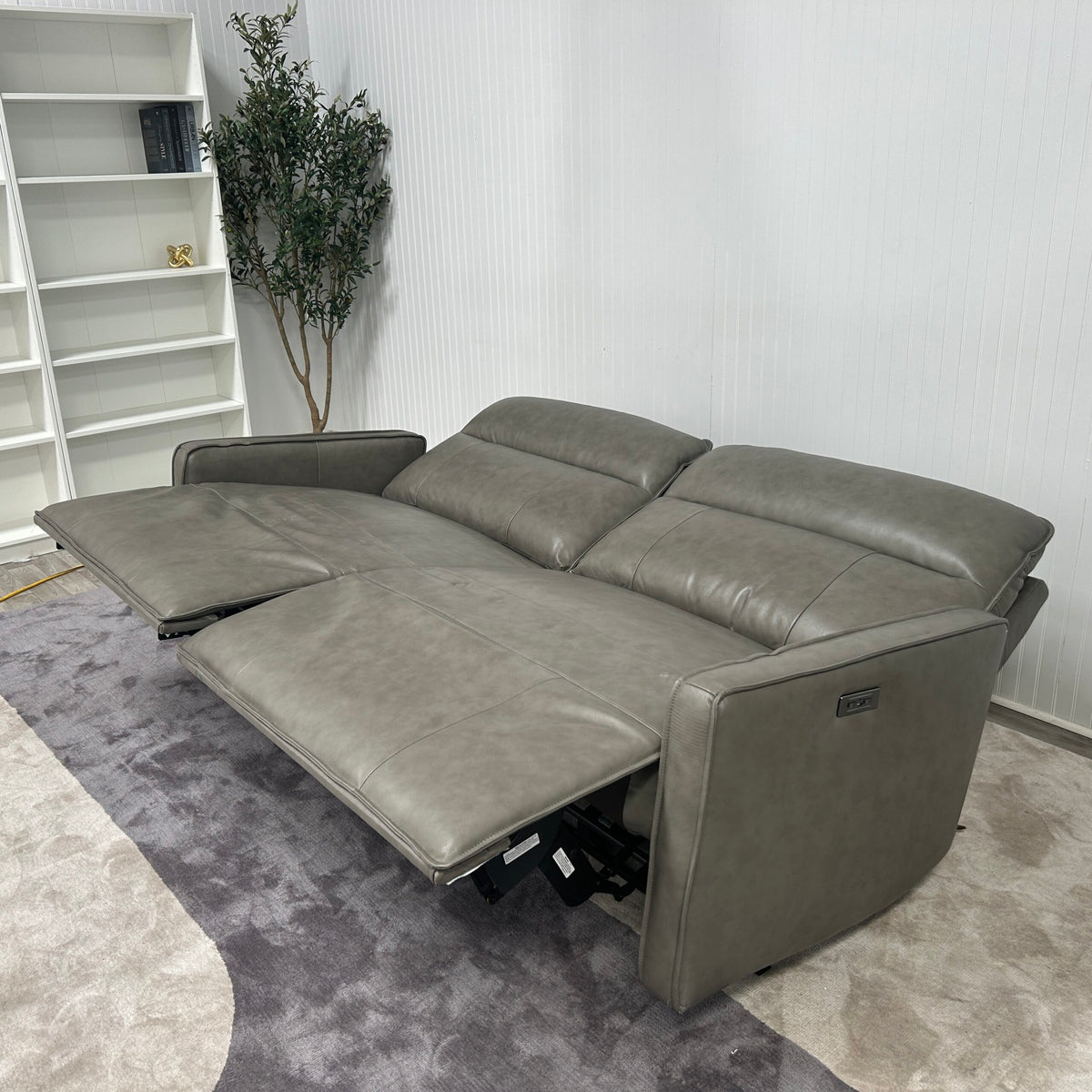 Henredon Keira Leather Power Reclining Sofa reclined in zero-gravity position with headrests raised