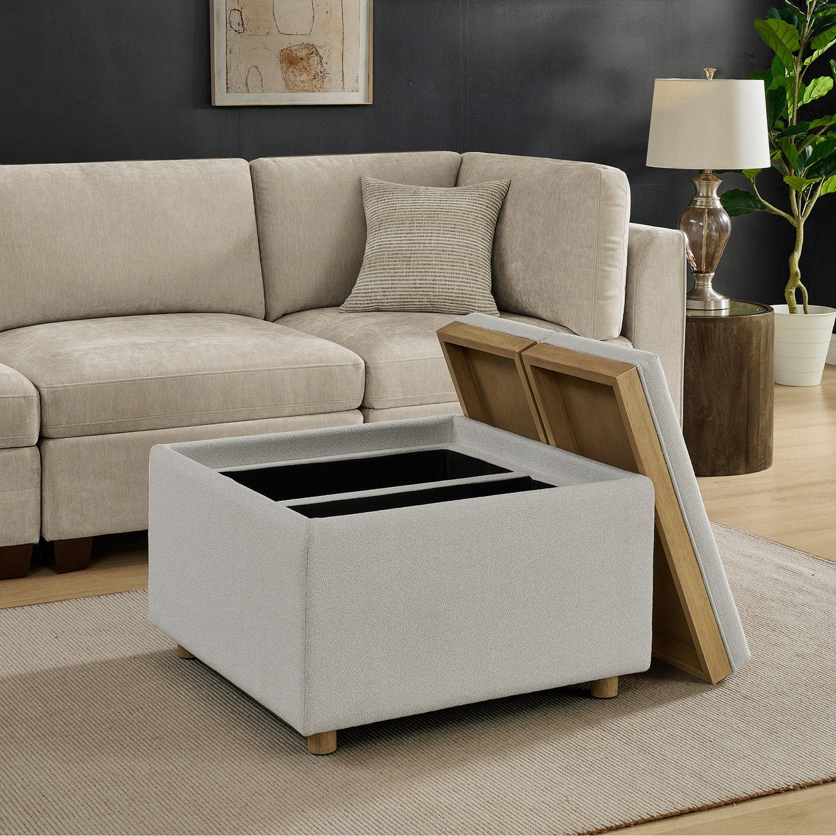 Henredon Sona Fabric Storage Ottoman with tray lid open showing hidden storage