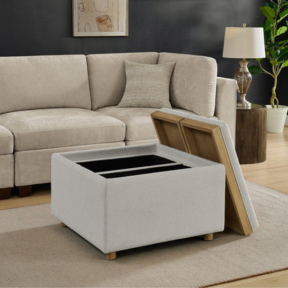 Henredon Sona Fabric Storage Ottoman with tray lid open showing hidden storage