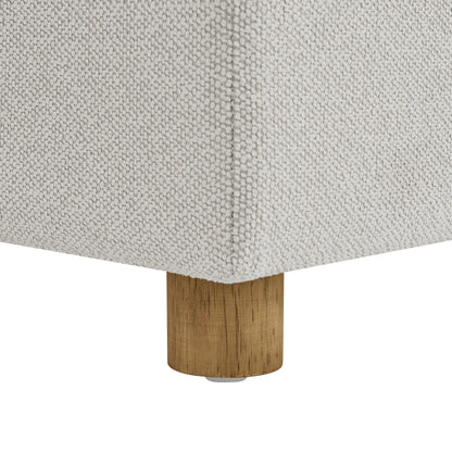 Henredon Sona Fabric Storage Ottoman wood leg and fabric texture closeup
